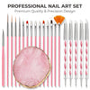 A professional nail art set featuring various precision brushes and a pink cosmetic palette.