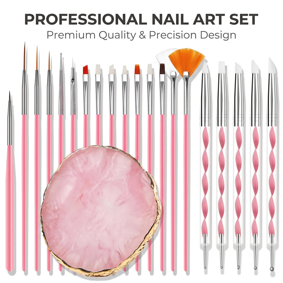 A professional nail art set featuring various precision brushes and a pink cosmetic palette.
