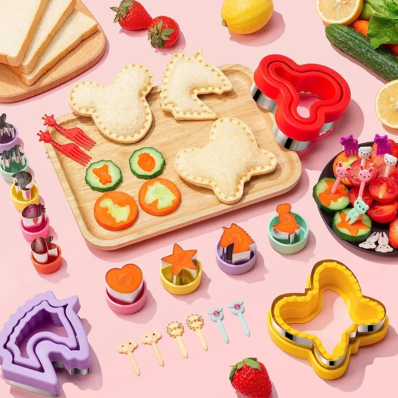 A colorful set of kids sandwich cutters in various shapes and colors for baking and decoration