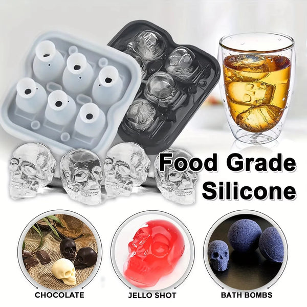 Food grade silicone skull ice cube molds used for cocktails, chocolate, jello shots, and bath bombs.