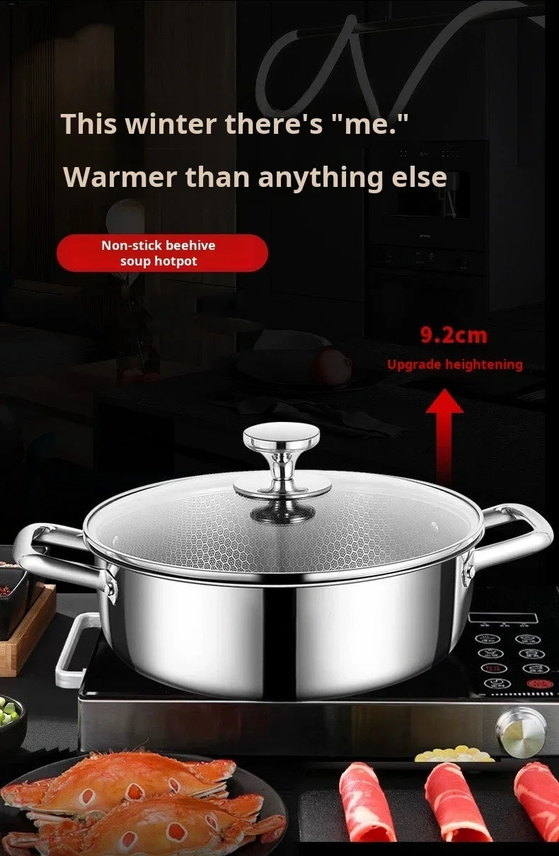 A silver universal honeycomb soup pot is shown with various food items like shrimp and meat.