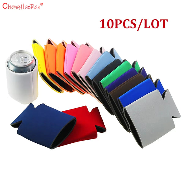 A collection of ten colorful neoprene drink sleeves in various shades are displayed next to a white container.