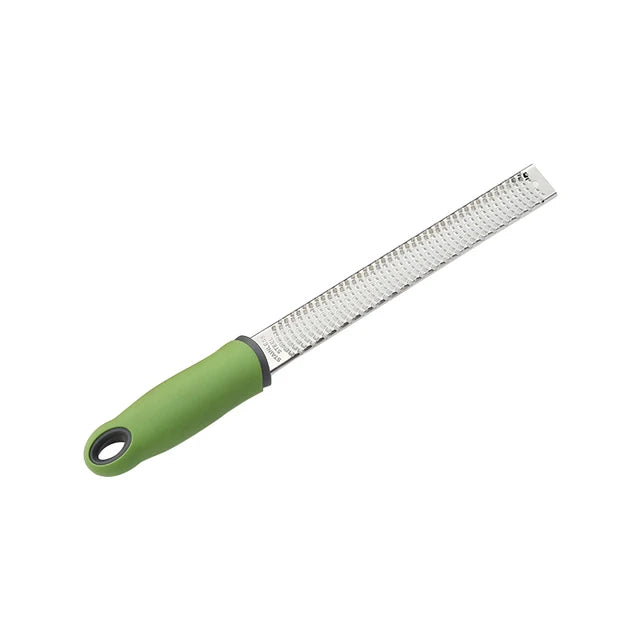 A stainless steel citrus grater and zester with a green handle.