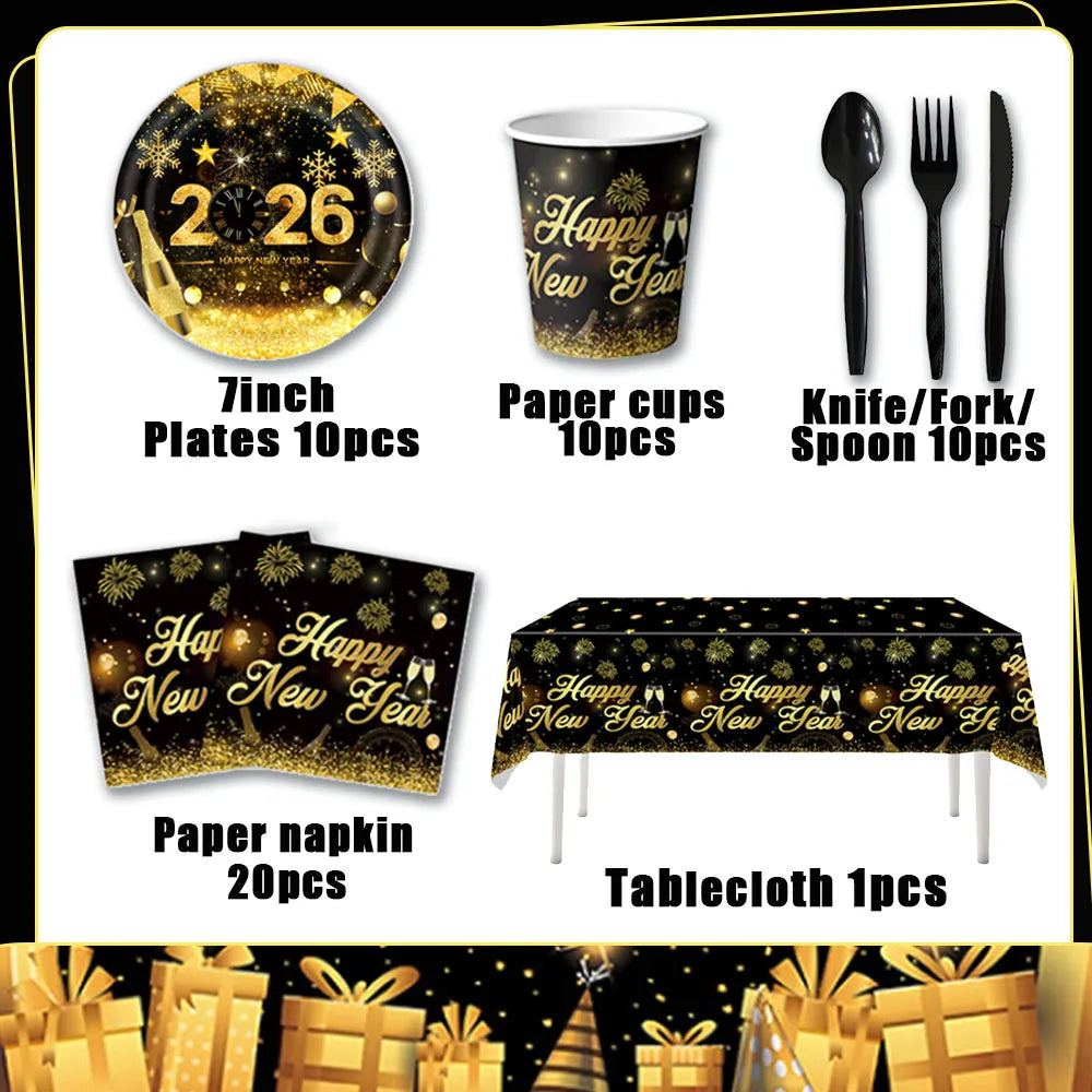 A set of luxury disposable party tableware including plates, paper cups, napkins, and a tablecloth with a New Year theme.