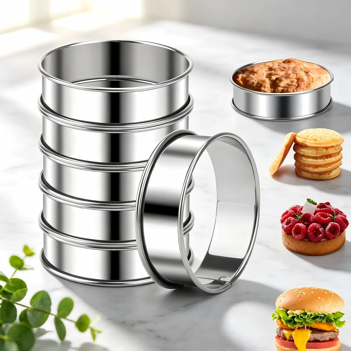 A stack of six stainless steel nonstick baking rings next to a muffin and a hamburger.