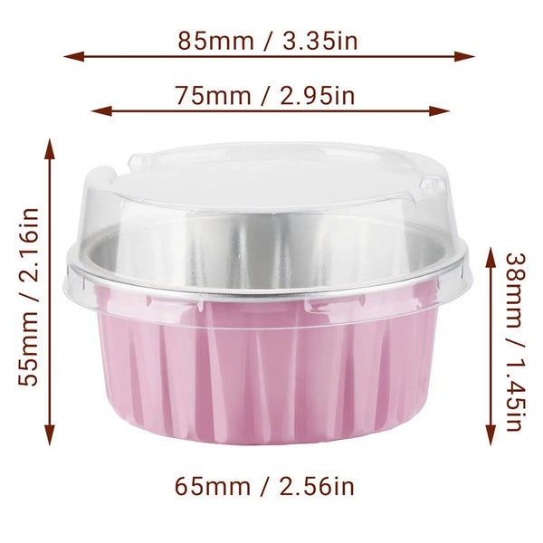 Reusable pink aluminum foil baking cups with lids shown with dimensions.