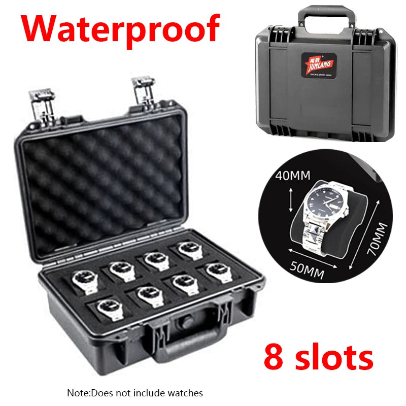A black waterproof plastic watch storage case with eight slots and a matching carrying case.