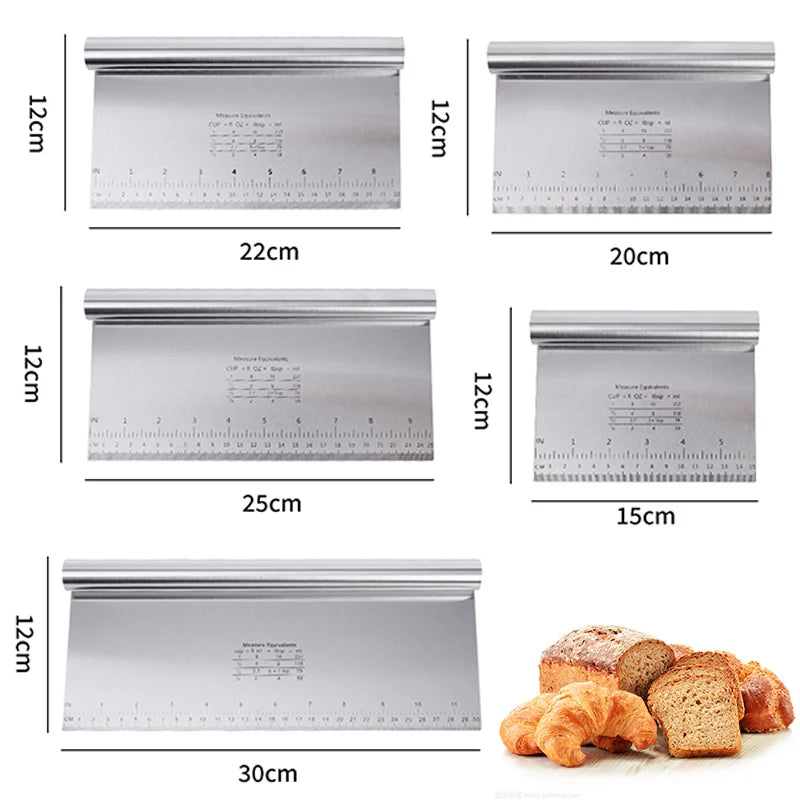 Various sizes of stainless steel cake scrapers and dough cutters with measuring scales shown side by side.