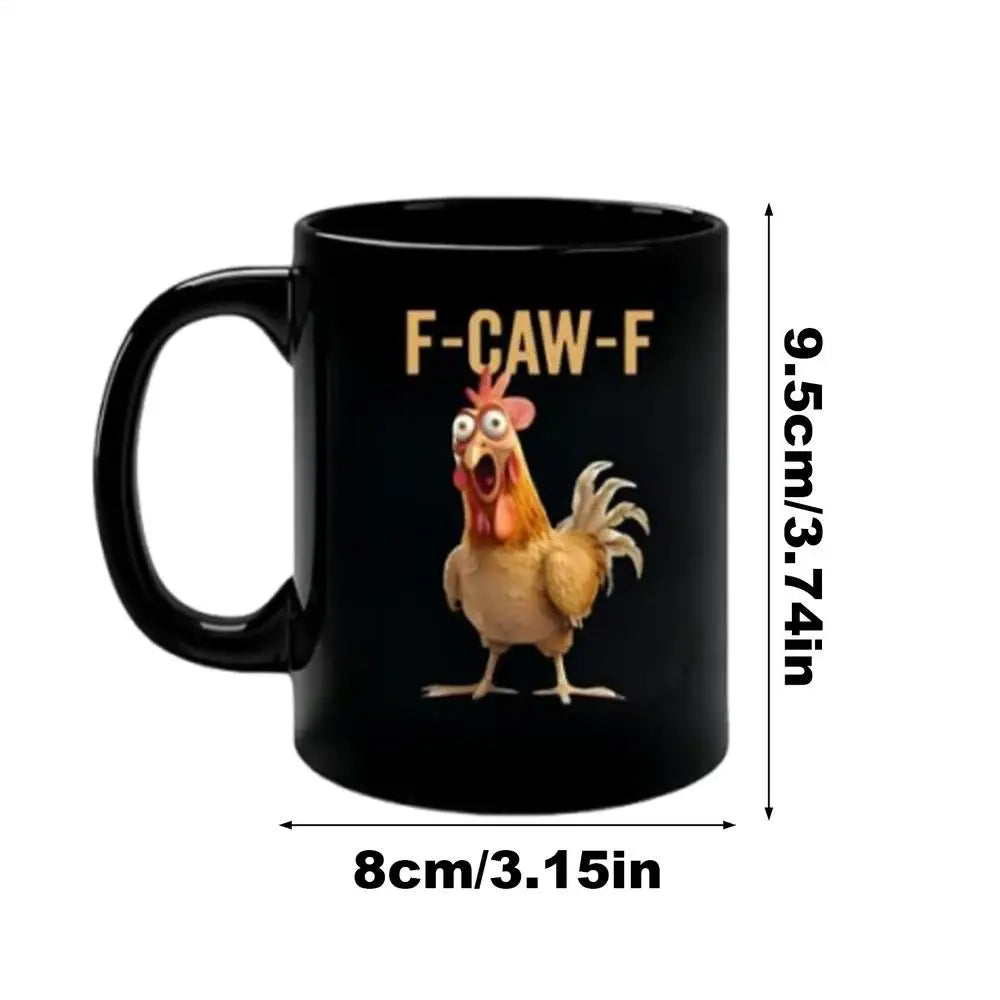 Black ceramic mug featuring a cartoon chicken face design.