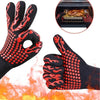 Black and red heavy-duty BBQ oven mitts with a flame design, showing a hand and an inset of cooked meat.
