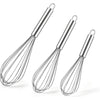 Three stainless steel balloon whisks for eggs, cream, and milk shown against a white background.