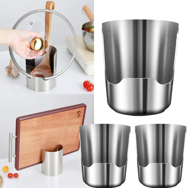 Stainless steel kitchen counter organizer holding a pot lid and utensil on a circular stand