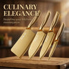 A set of four gold-toned kitchen knives with ergonomic handles displayed on a wooden cutting board.