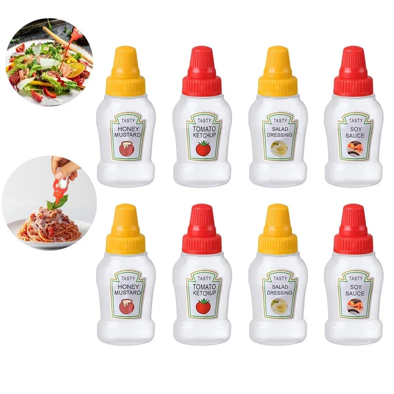 A set of ten mini squeeze bottles containing various condiments like honey mustard, tomato ketchup, salad dressing, and soy s
