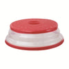 Red and clear collapsible microwave plate cover with a handle