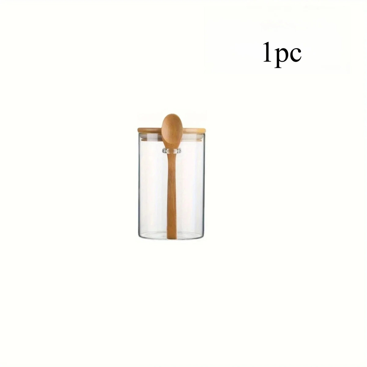 A clear glass storage jar with a bamboo lid is shown.