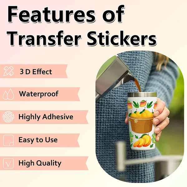 A hand holds a glass can decorated with colorful fruit stickers, demonstrating the features of transfer stickers.