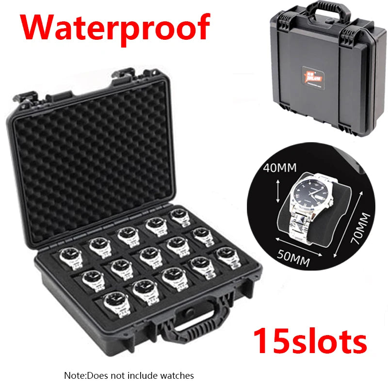 Black waterproof watch storage case with 15 slots and a carrying handle