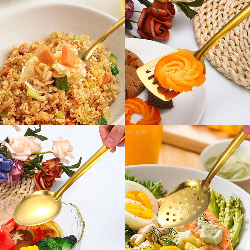 A set of stainless steel golden soup spoons and a colander shown with various colorful ingredients.