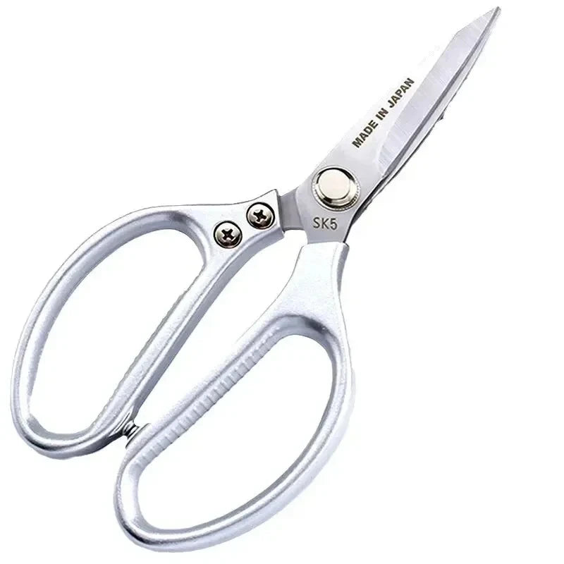 Silver heavy-duty stainless steel multi-function kitchen scissors with a Japanese made inscription