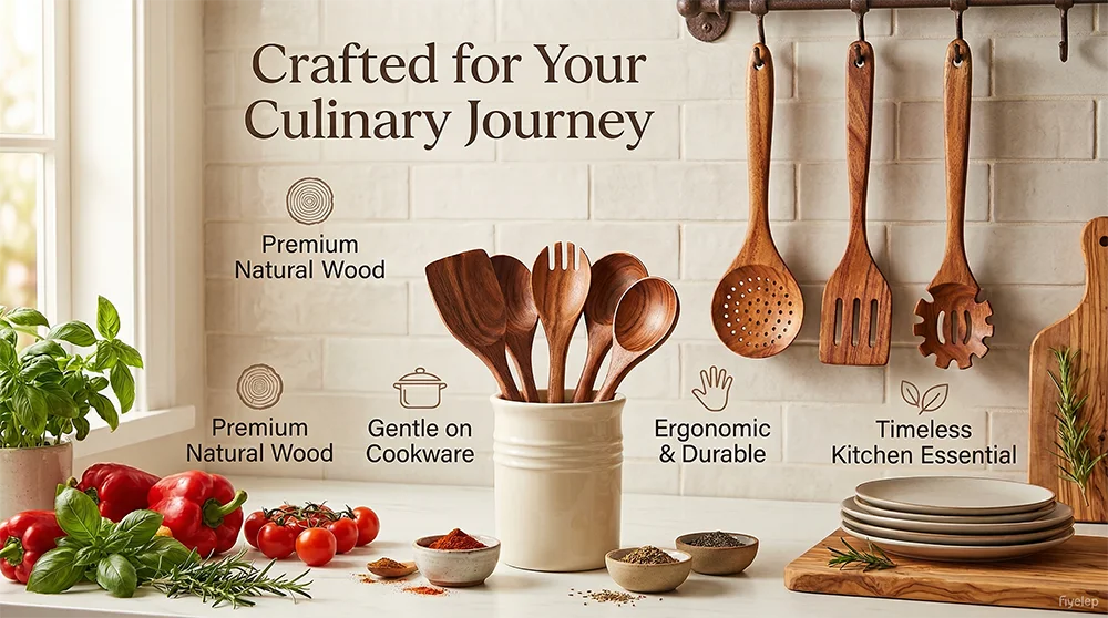 A set of ten natural teak wooden cooking spoons and utensils displayed on a kitchen counter with fresh herbs and vegetables.