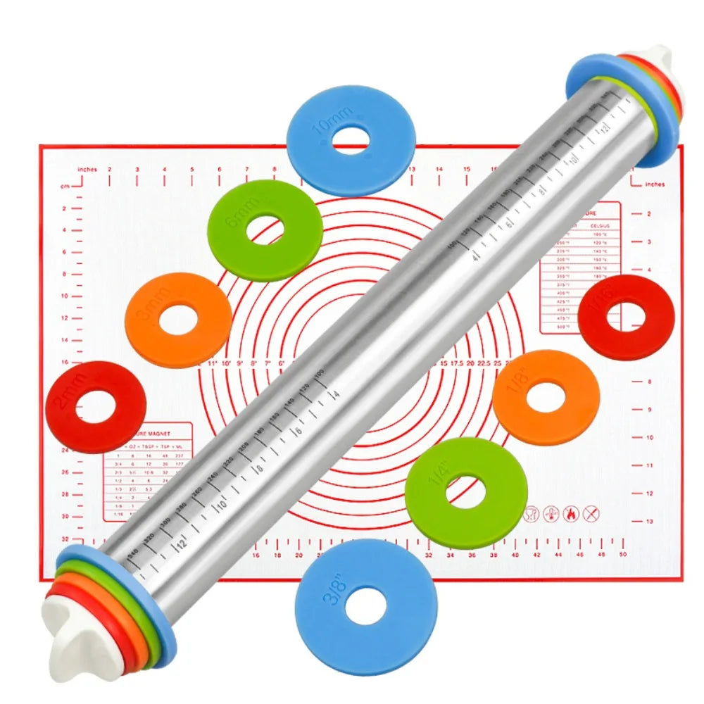 Stainless steel rolling pin and baking mat set with various colored rings for measuring