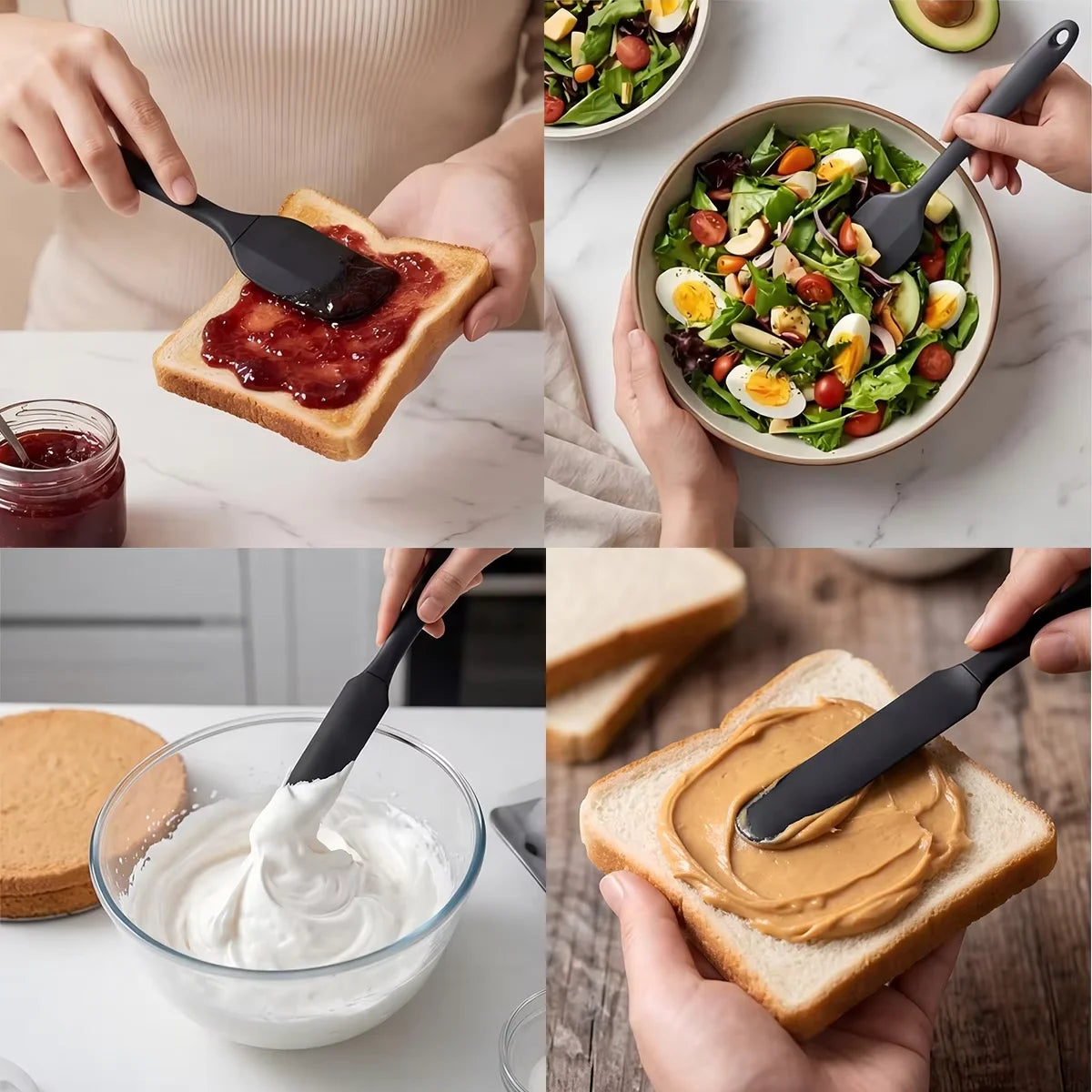 A set of silicone kitchen tools is shown being used for food preparation and baking on toast.