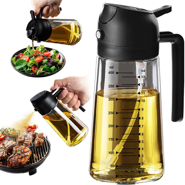 A glass olive oil sprayer is shown dispensing oil onto a salad and grilling meat.