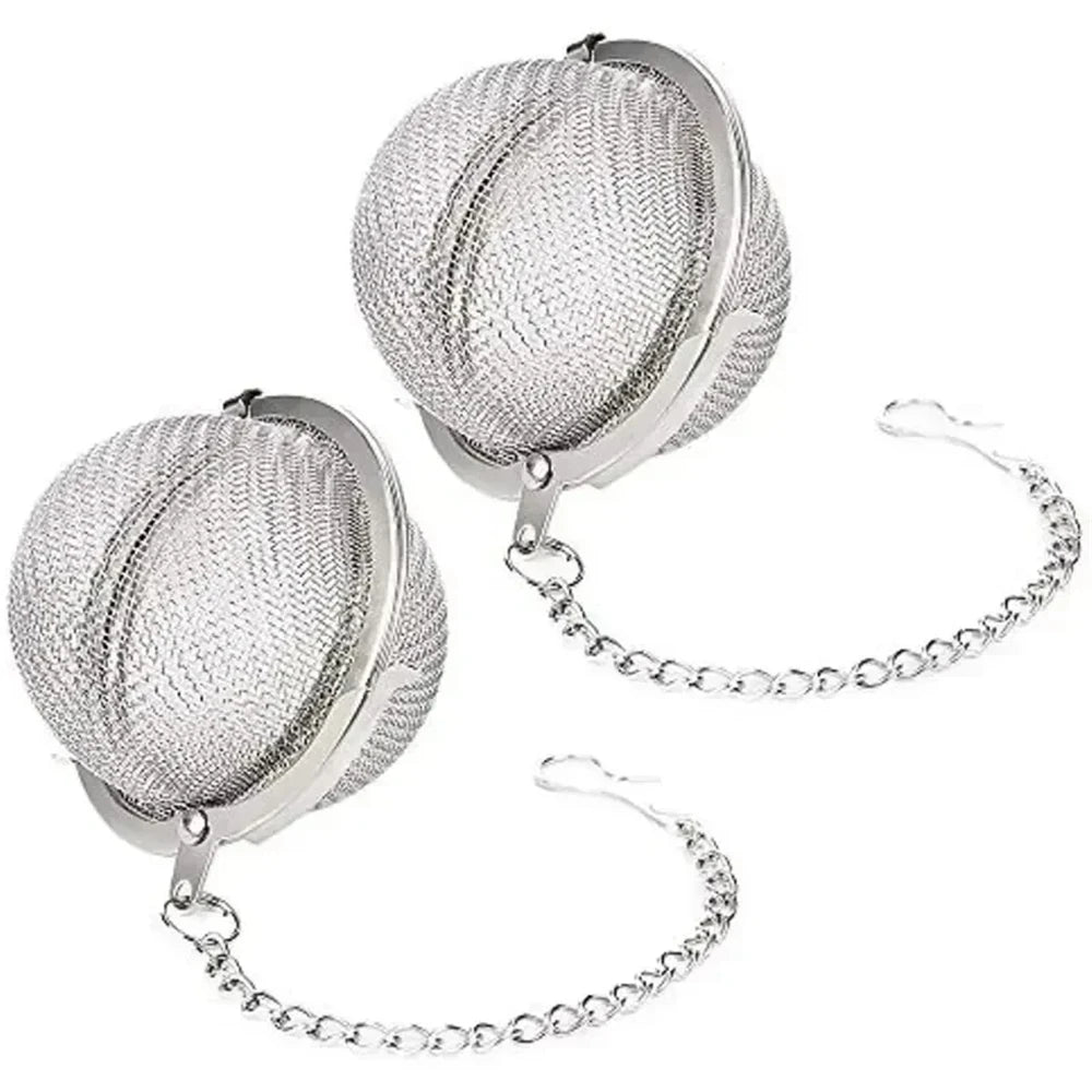 Silver stainless steel tea infuser ball with a chain and loop for hanging