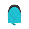 A teal quilted oven mitt with a black cuff and non-slip silicone grip.