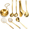A set of stainless steel golden hot pot colanders including a ladle, spoon, and strainer.