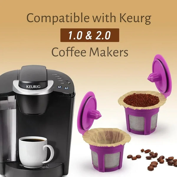 A disposable paper coffee filter is shown next to a Keurg coffee maker, indicating compatibility.