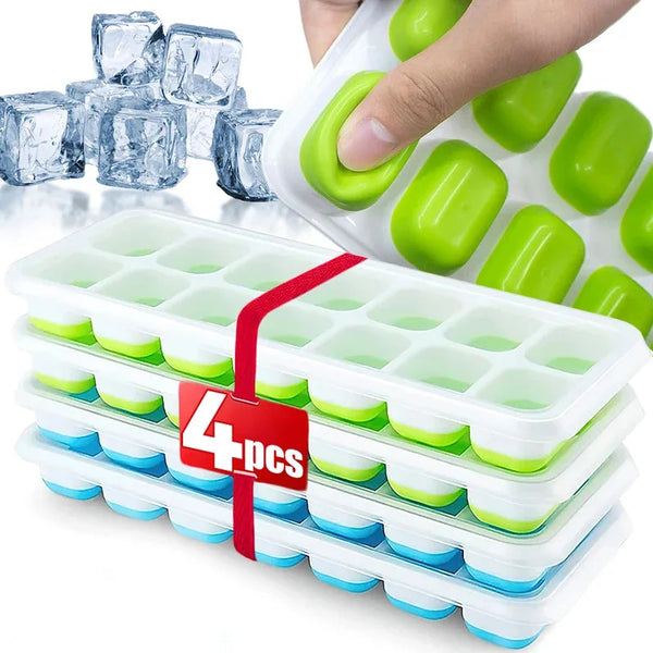 A silicone ice cube mold set with a lid showing green and blue ice cubes being held by a hand.