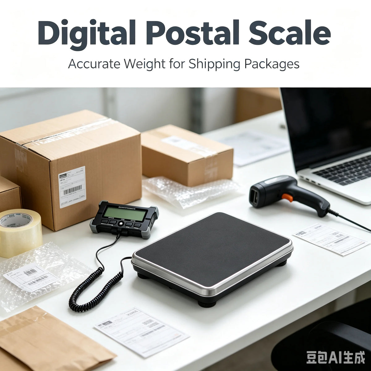 A black digital postal scale is shown on a white table next to shipping boxes and packaging materials.