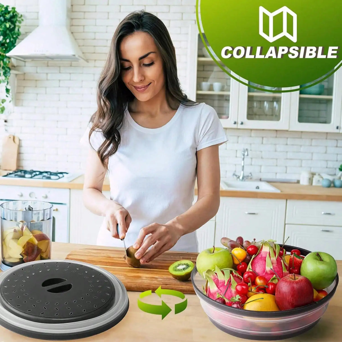 A woman prepares food in a kitchen while a collapsible silicone splatter guard is shown on the counter.