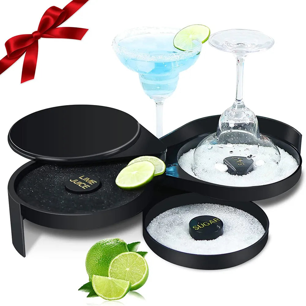 A set of three bar glasses and a lime juicer for cocktails displayed on a black tray.