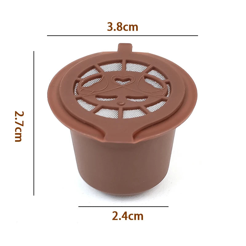 A brown reusable coffee filter designed for Nespresso capsules, shown with dimensions.