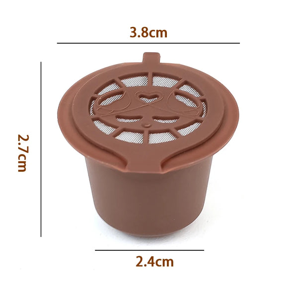 Brauner wiederverwendbarer Kaffeefilter für Nespresso-Kapseln, mit Maßen dargestellt.