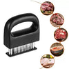 A black stainless steel meat tenderizer tool with a handle and multiple needles, shown alongside various cuts of meat.