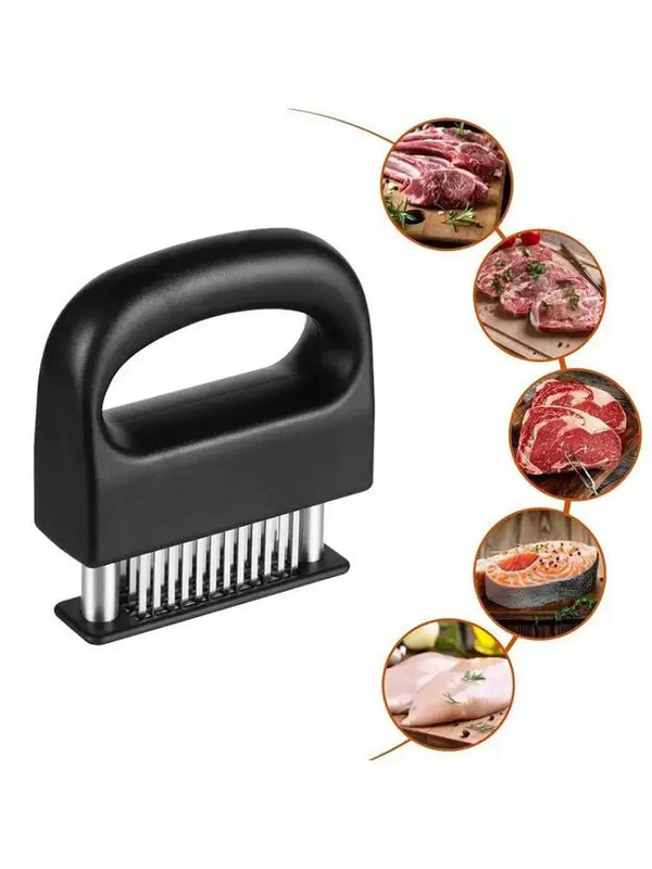 A black stainless steel meat tenderizer tool with a handle and multiple needles, shown alongside various cuts of meat.