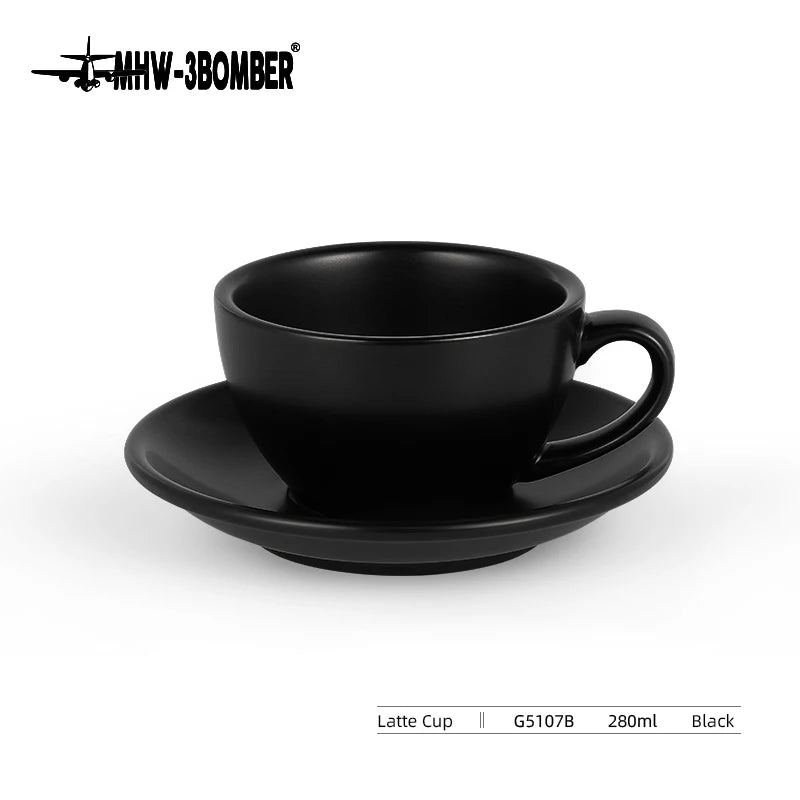 Black ceramic latte cup and saucer