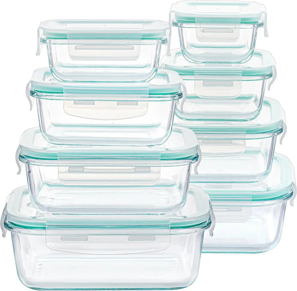 An 8-pack of clear, airtight glass meal prep containers stacked together.