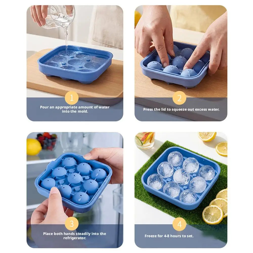 A silicone ice cube tray with a lid is shown being filled with water and then frozen in a refrigerator.