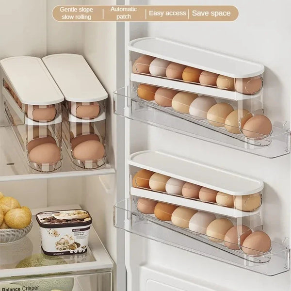 A clear acrylic storage rack for rolling eggs with gentle slope and automatic slow rolling features.