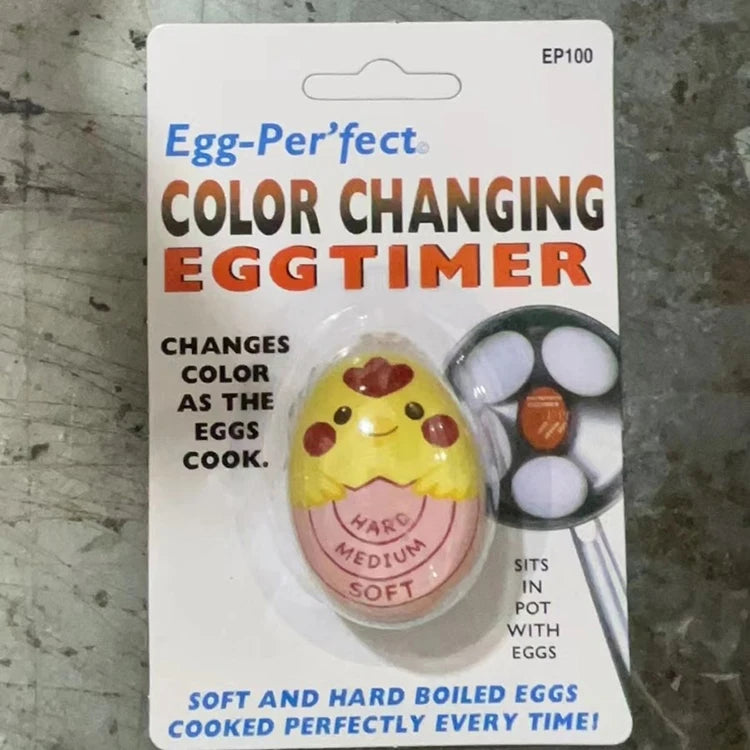 A package for a color changing egg timer that changes color as the eggs cook.