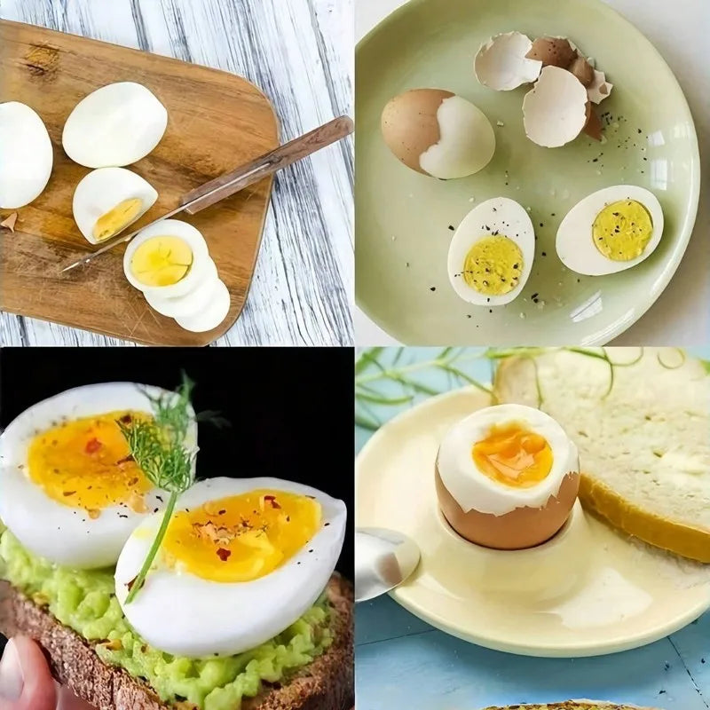 A variety of boiled eggs are shown on a wooden board and a green plate, with one egg sliced on toast.