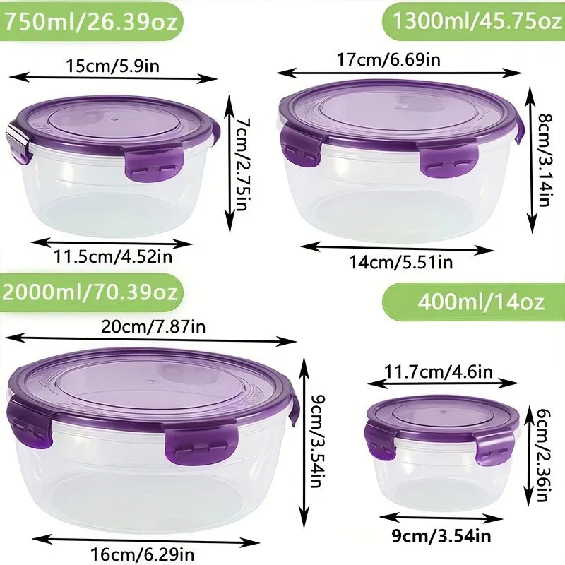 A set of stackable airtight food storage containers in purple and clear plastic with various sizes.
