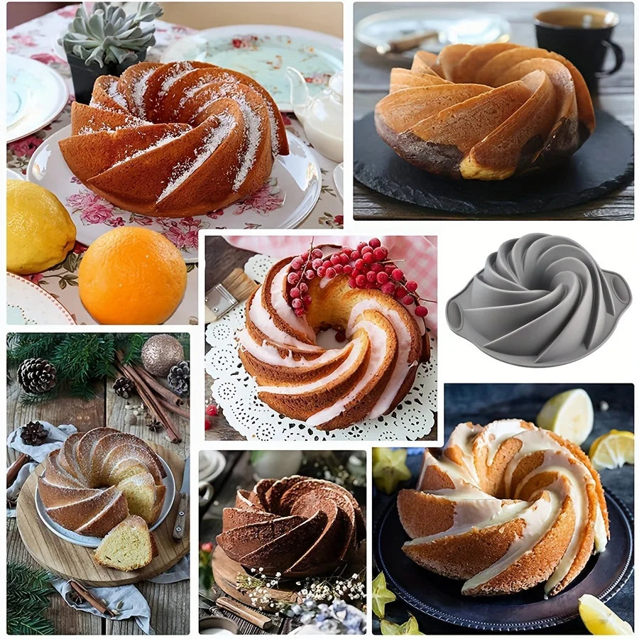 A variety of baked goods, including cinnamon rolls and swirls, are shown alongside a flexible silicone cyclone cake mold.