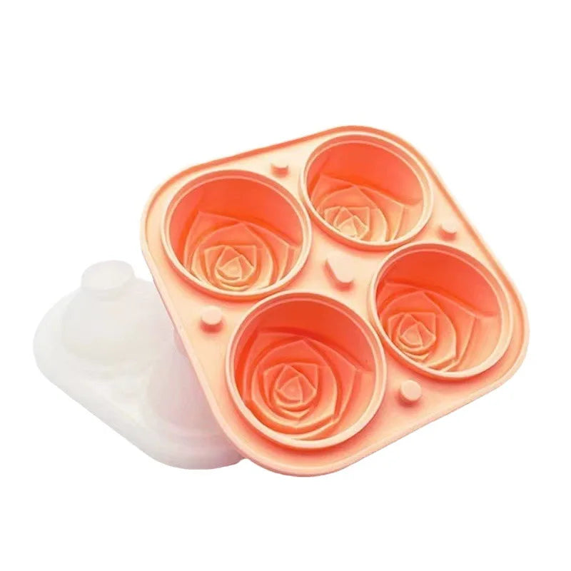 A silicone mold tray with multiple rose-shaped cavities for making ice cubes or crafts.