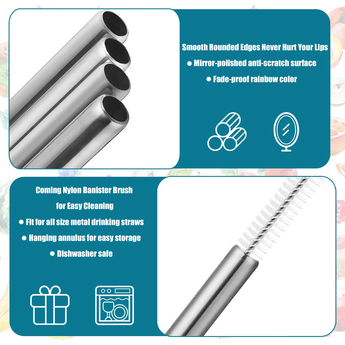A set of smooth, mirror-polished metal drinking straws with a nylon brush and hanging annulus for cleaning and storage.